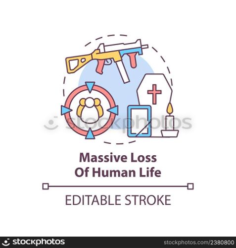 Massive loss of human life concept icon. Armed conflicts effect abstract idea thin line illustration. Military casualties. Isolated outline drawing. Editable stroke. Arial, Myriad Pro-Bold fonts used. Massive loss of human life concept icon