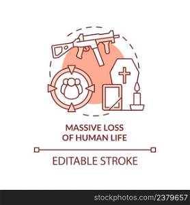 Massive loss of human life terracotta concept icon. Armed conflicts effect abstract idea thin line illustration. Isolated outline drawing. Editable stroke. Arial, Myriad Pro-Bold fonts used. Massive loss of human life terracotta concept icon