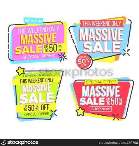 Massive Sale, Special Offer, Discount Vector Stickers Set. Clearance Sale Advertising Isolated Clipart. Promotional Campaign, Marketing. Black Friday Shopping. Percentage Discount Flat Illustration. Massive Sale, Special Offer, Discount Vector Stickers Set