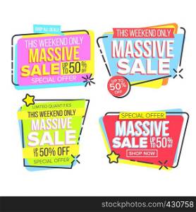 Massive Sale, Special Offer, Discount Vector Stickers Set. Clearance Sale Advertising Isolated Clipart. Promotional Campaign, Marketing. Black Friday Shopping. Percentage Discount Flat Illustration. Massive Sale, Special Offer, Discount Vector Stickers Set