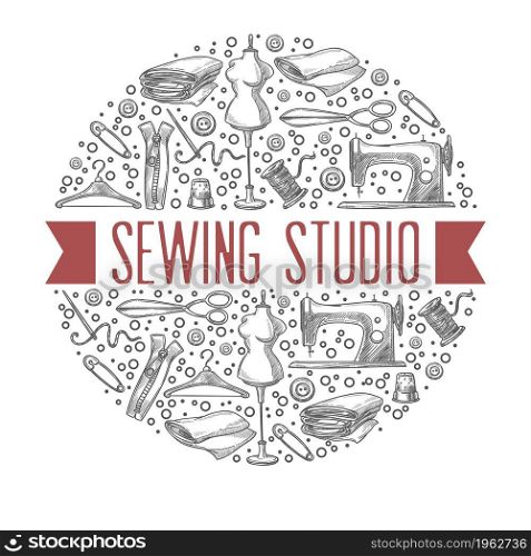 Master class and education in sewing studio, label or emblem with monochrome sketch outlines. Materials and machines, needles and mannequins for creating models and design. Vector in flat style. Sewing studio, atelier giving master class lessons