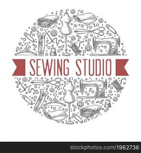 Master class and education in sewing studio, label or emblem with monochrome sketch outlines. Materials and machines, needles and mannequins for creating models and design. Vector in flat style. Sewing studio, atelier giving master class lessons