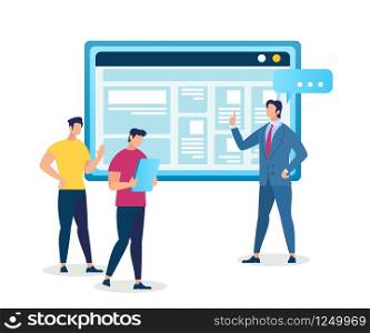 Master Class in Professional Growth. Personal Development in Career and Business Training, Coach Man and Two Male Students Stand at Huge Monitor with Information. Cartoon Flat Vector Illustration.. Master Class in Professional Growth. Business