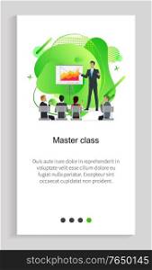 Master class, workers sitting and discussing presenter standing near board with chart report knowledge course, employees training, group vector. Website or app slider template, landing page flat style. Teamwork Discussing, Employees Training Vector