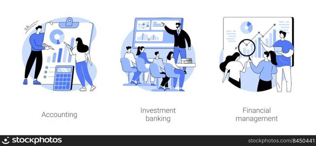 Master of Science in finance isolated cartoon vector illustrations set. Group of diverse people making business plan together, budget planning, study investment banking, management vector cartoon.. Master of Science in finance isolated cartoon vector illustrations se