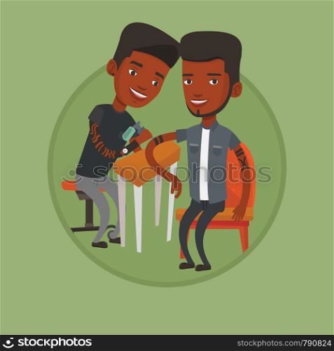 Master tattoo artist makes tattoo on the hand of young african man. Tattooist makes a tattoo. Professional tattoo artist at work. Vector flat design illustration in the circle isolated on background.. Tattoo artist at work vector illustration.