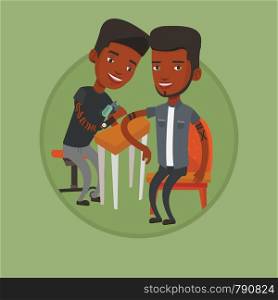 Master tattoo artist makes tattoo on the hand of young african man. Tattooist makes a tattoo. Professional tattoo artist at work. Vector flat design illustration in the circle isolated on background.. Tattoo artist at work vector illustration.