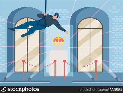 Master Thief in Mask Hanging on Rope Steals Precious Crown Being under Laser Rays Alarm at Historic Museum. Art Gallery Robbery and Burglary. Cultural Criminal Scene. Vector Illustration
