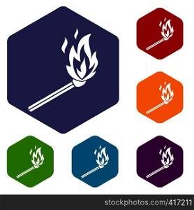 Match flame icons set rhombus in different colors isolated on white background. Match flame icons set