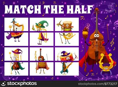 Match half of wizard and fairy musical instrument characters between music waves and sounds, vector game. Kids cartoon puzzle worksheet with wizard violoncello, warlock drum and magic violin sorcerer. Match half of wizard and fairy musical instruments