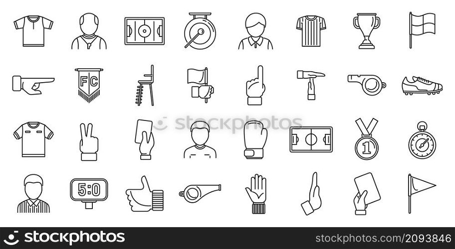 Match referee icons set outline vector. Player card. Referee whistle. Match referee icons set outline vector. Player card