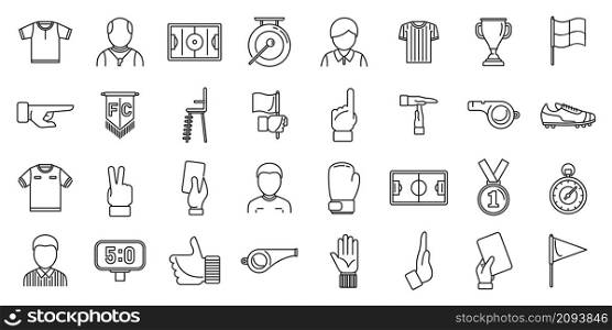 Match referee icons set outline vector. Player card. Referee whistle. Match referee icons set outline vector. Player card