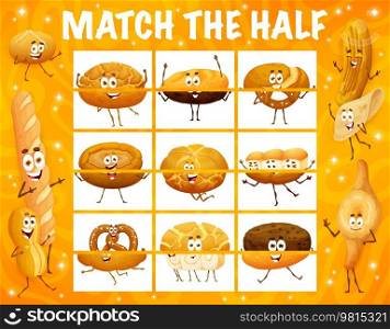 Match the half of cartoon bakery, pastry and bread characters. Piece or fragment connect puzzle vector worksheet with cunape, baguette, marraqueta and barbari, tortilla, shoti puri cute personages. Match the half of cartoon bakery bread characters