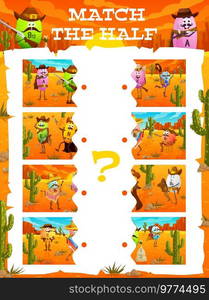 Match the half of cartoon vitamin cowboy, sheriff, ranger and bandit characters kids game puzzle vector worksheet. Wild West quiz or western game with funny pills of vitamin and mineral personages. Match half of cartoon vitamin cowboys, kids game