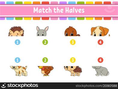 Match the halves. Education developing worksheet. Animal theme. Matching game for kids. Color activity page. Riddle for children. Cute character. Vector illustration. cartoon style.
