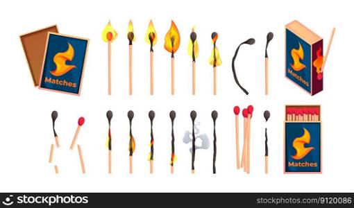 Match with box. Opened matchbook with matchstick, closed matchbox wood stick with sulfur combustion burnout stages cartoon style. Vector set. Isolated flammable objects for animation. Match with box. Opened matchbook with matchstick, closed matchbox wood stick with sulfur combustion burnout stages cartoon style. Vector set