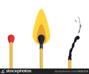 Match with fire flame isolated stick. Flaming burning match light. New match, with flame and used match with smoke. Vector EPS 10.