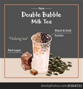 matcha bubb≤milk tea, ad content v∫a≥, watercolor illustration design