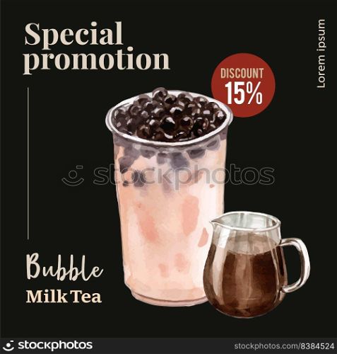 matcha bubble milk tea, ad content vintage, watercolor illustration design