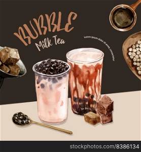 matcha bubble milk tea, ad content vintage, watercolor illustration design