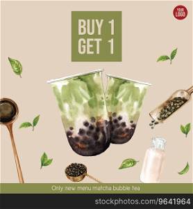 Matcha bubble milk tea set promotion ad flyer Vector Image