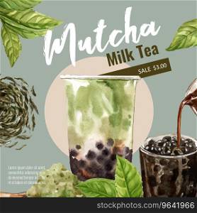 Matcha bubble milk tea set promotion ad template Vector Image