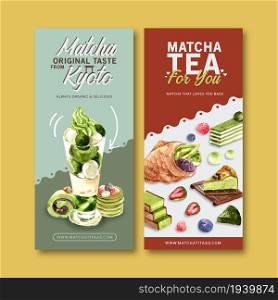 Matcha sweet flyer design with cake, taiyaki, cake roll watercolor illustration.