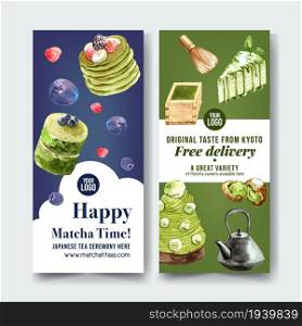 Matcha sweet flyer design with crepe cake, pancake watercolor illustration.