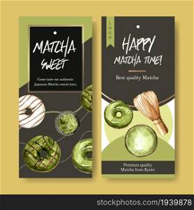 Matcha sweet flyer design with donut, chasen whisk watercolor illustration.
