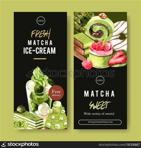 Matcha sweet flyer design with ice cream, cake watercolor illustration.