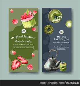 Matcha sweet flyer design with kettle, cake watercolor illustration.