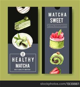 Matcha sweet flyer design with mochi, cake watercolor illustration.