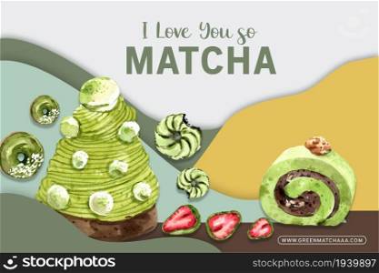 Matcha sweet frame design with cake, donut watercolor illustration.