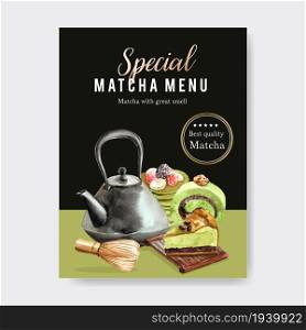 Matcha sweet poster design with Anko, cake, pancake watercolor illustration