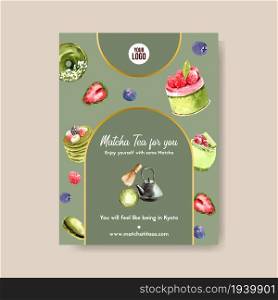 Matcha sweet poster design with tea pot, green tea, Chasen watercolor illustration