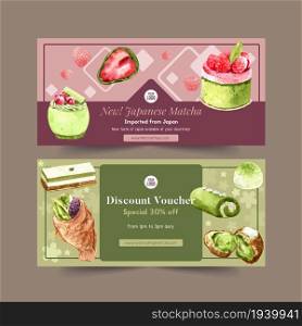 Matcha sweet voucher design with cake roll, taiyaki watercolor illustration.