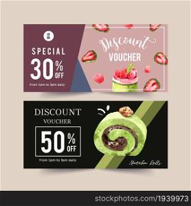 Matcha sweet voucher design with cake roll watercolor illustration.