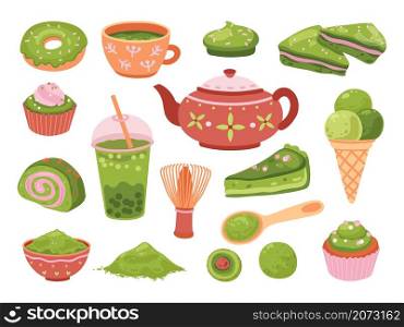 Matcha tea. Healthy dessert, isolated tasty iced latte. Organic green leaf asian beverage, smoothies, japanese culture meal exact vector set. Illustration matcha japan tea, beverage green organic. Matcha tea. Healthy dessert, isolated tasty iced latte. Organic green leaf asian beverage, smoothies, japanese culture meal exact vector set