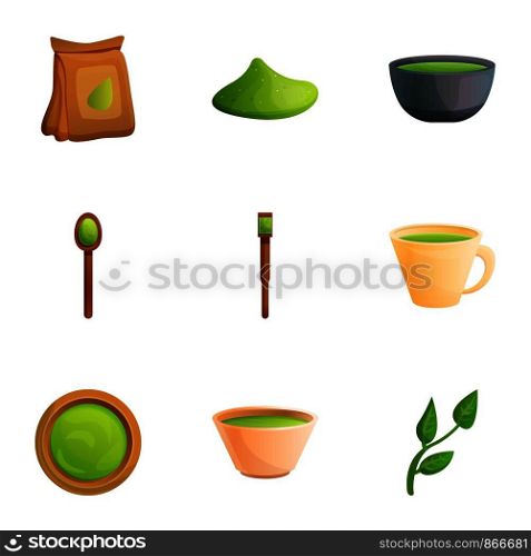 Matcha tea icon set. Cartoon set of 9 matcha tea vector icons for web design isolated on white background. Matcha tea icon set, cartoon style
