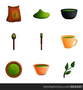 Matcha tea icon set. Cartoon set of 9 matcha tea vector icons for web design isolated on white background. Matcha tea icon set, cartoon style
