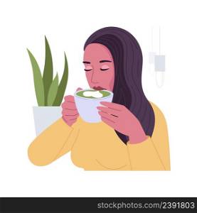 Matcha tea isolated cartoon vector illustrations. Young girl drinking matcha tea in the cafe, people lifestyle, eating out in the restaurant, favorite coffee shop vector cartoon.. Matcha tea isolated cartoon vector illustrations.