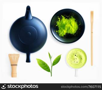 Matcha tea realistic collection with isolated images of teapot cup and powder with leaves and stirrer vector illustration