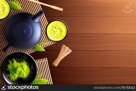 Matcha tea realistic composition with top view of wooden table with tea set cups and powder vector illustration