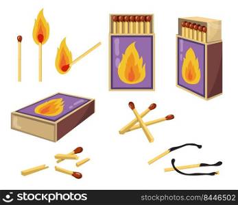 Matches and matchboxes flat illustration set. Cartoon burnt matchsticks with fire and opened boxes for wood matches isolated vector illustration collection. Heat and design concept