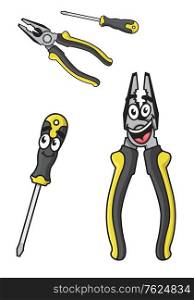 Matching cartoon pliers and screwdriver with colorful yellow and grey handles and happy smiling faces, isolated on white background