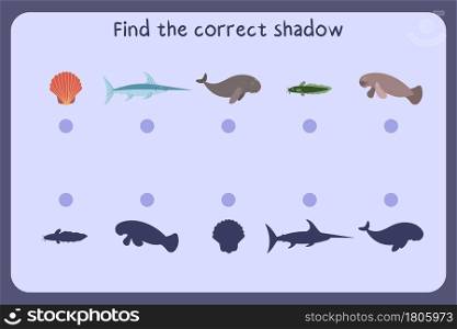 Matching children educational game with sea animals - shall, swordfish, dugon, manatees, catfish. Find the correct shadow. Vector illustration.. Matching children educational game with sea animals - shall, swordfish, dugon, manatees, catfish.