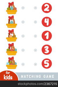 Matching education game for children. Count how many Easter eggs are in the basket and choose the correct number