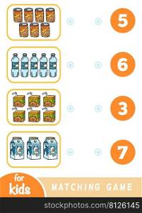 Matching education game for children. Count how many items and choose the correct number. Drink set - juice, milk, water, soda