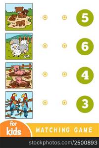 Matching education game for children. Count the animals and choose right number. Cartoon animals on a colored background - bears, sheep, pigs, parrots