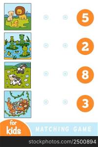 Matching education game for children. Count the animals and choose right number. Cartoon animals on a colored background - lions, frogs, cows, monkeys